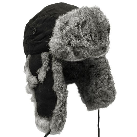MFH Winter Cap Black with Gray Rabbit Fur